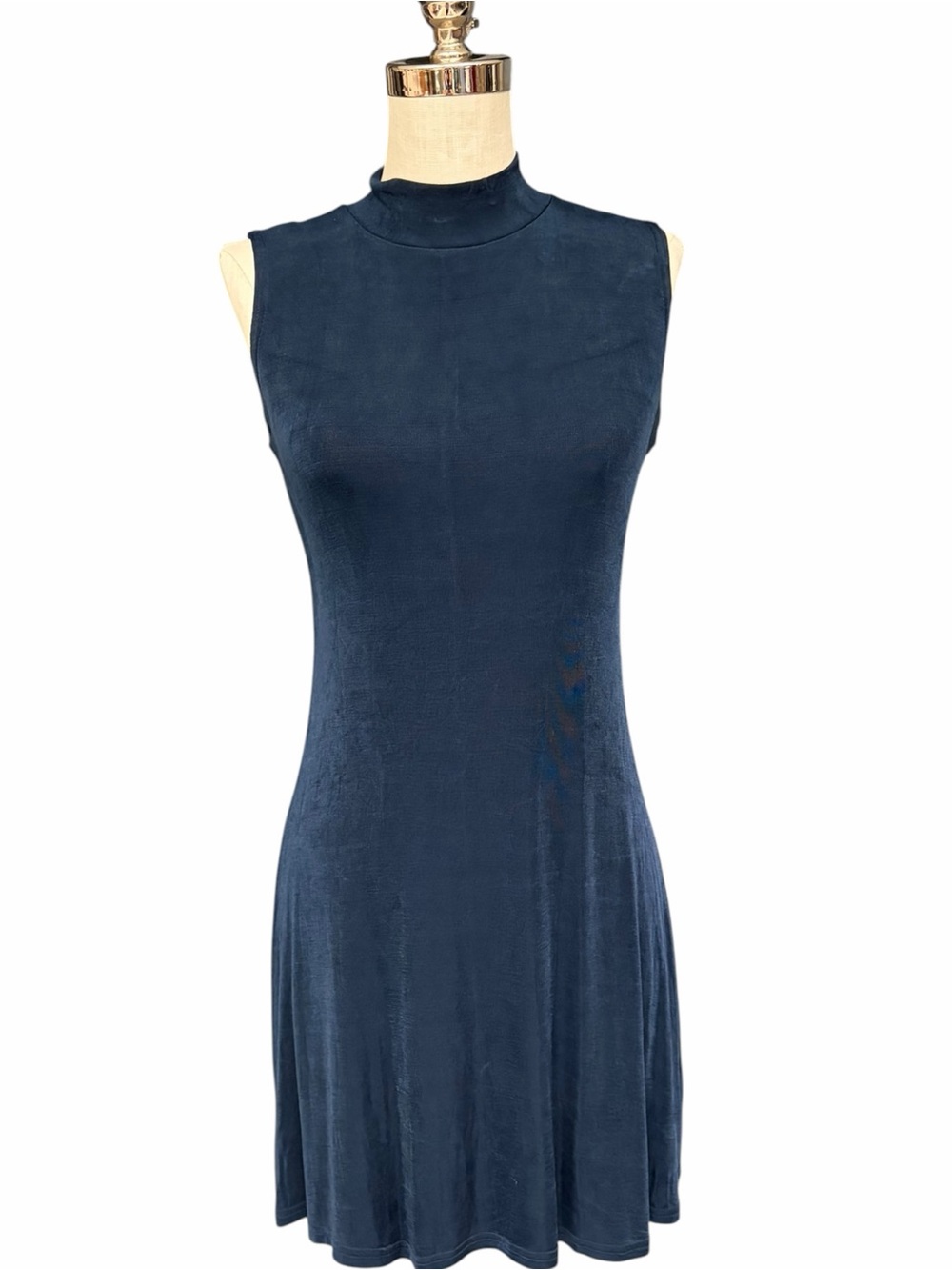 Vintage 90s Nancy G Navy Slinky Jersey Mock Neck Mini Dress Small